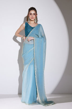 Blue Solid with Lace Border Tissue Ready to Wear Saree (ACA9272)