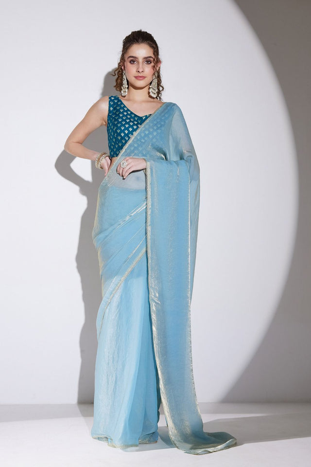 Blue Solid with Lace Border Tissue Ready to Wear Saree (ACA9272)