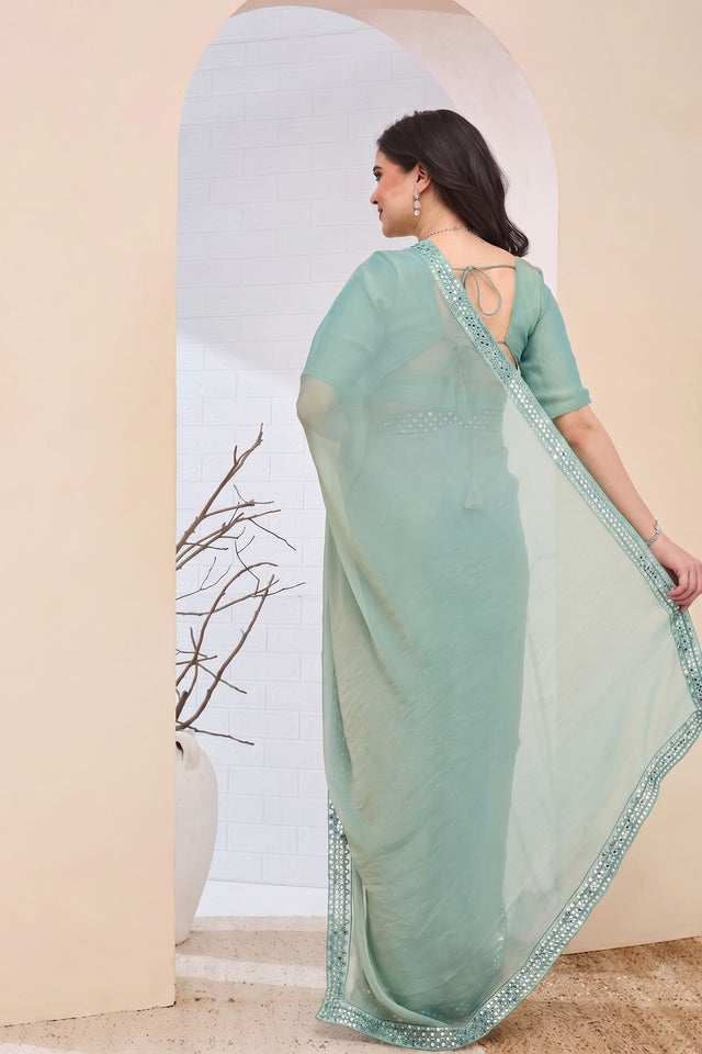 Green Solid with Lace Border Silk Blend Ready to Wear Saree (ACA9273)