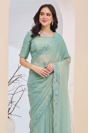 Green Solid with Lace Border Silk Blend Ready to Wear Saree (ACA9273)