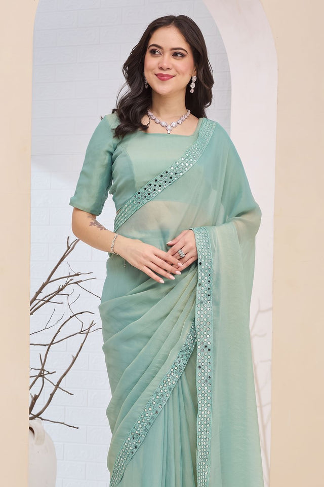 Green Solid with Lace Border Silk Blend Ready to Wear Saree (ACA9273)