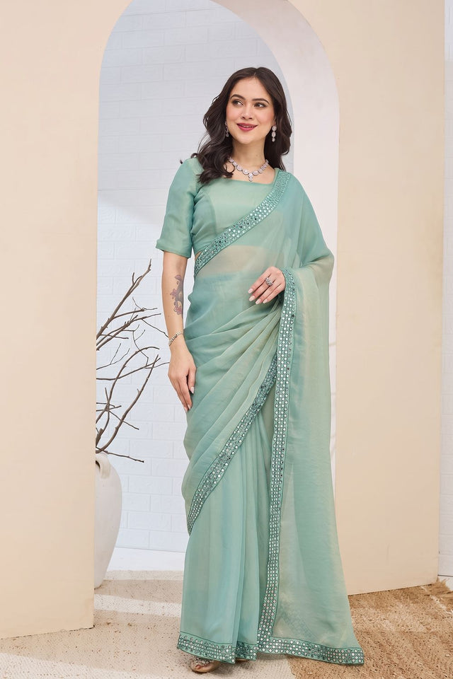 Green Solid with Lace Border Silk Blend Ready to Wear Saree (ACA9273)
