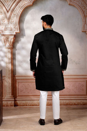 Mens Black Embroidered Cotton Kurta Set (ACA9274)