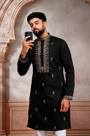 Mens Black Embroidered Cotton Kurta Set (ACA9274)