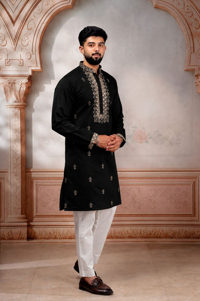 Mens Black Embroidered Cotton Kurta Set (ACA9274)