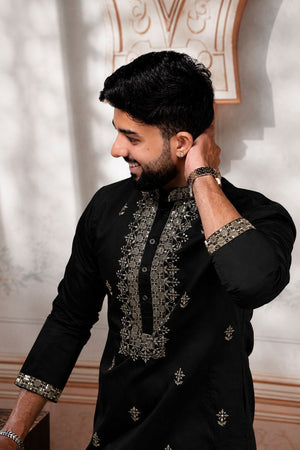 Mens Black Embroidered Cotton Kurta Set (ACA9274)