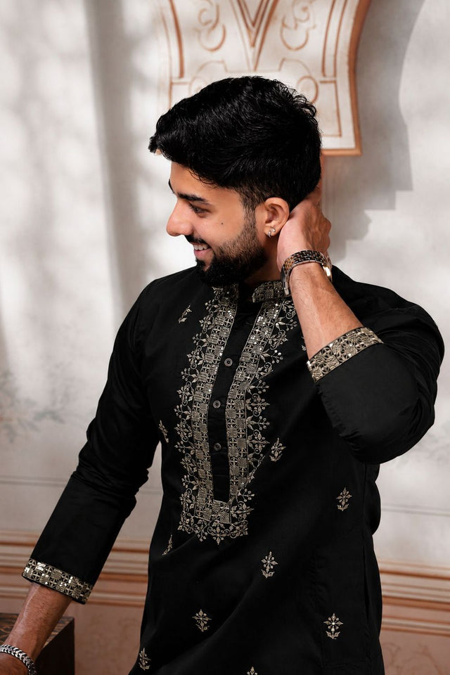 Mens Black Embroidered Cotton Kurta Set (ACA9274)