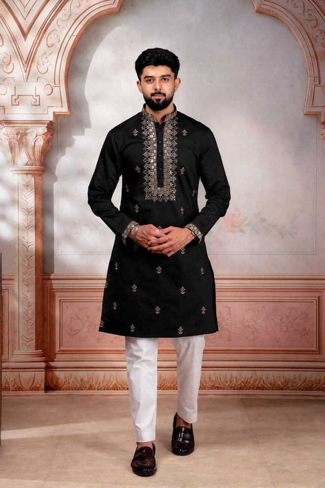 Mens Black Embroidered Cotton Kurta Set (ACA9274)