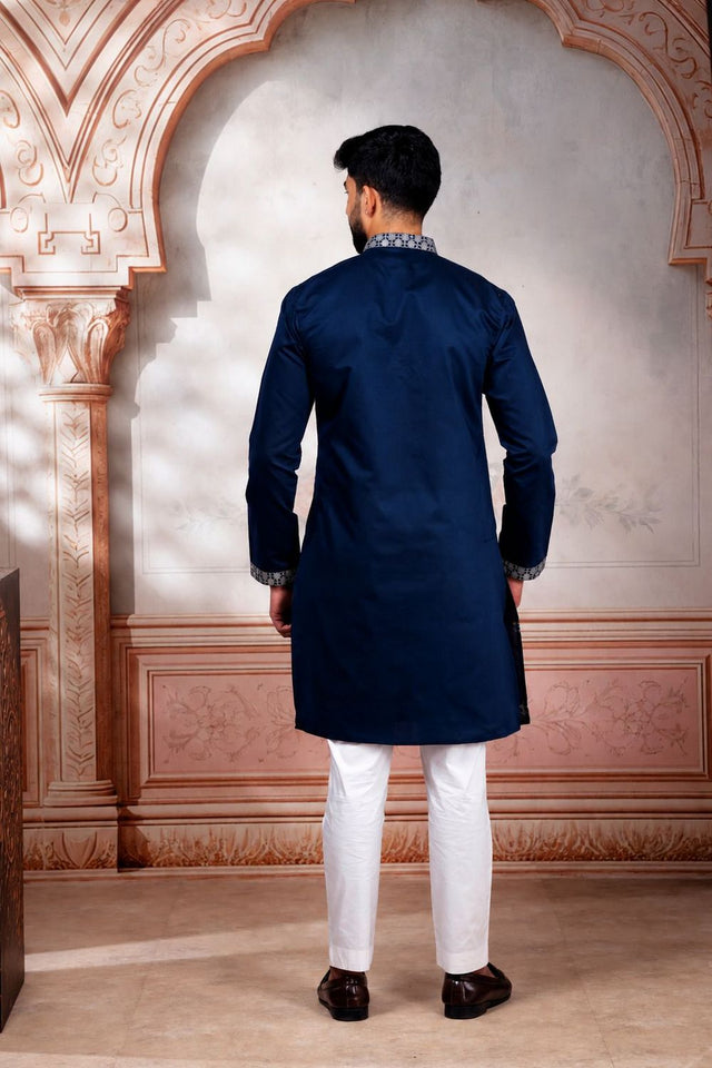 Mens Blue Embroidered Cotton Kurta Set (ACA9275)