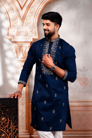 Mens Blue Embroidered Cotton Kurta Set (ACA9275)