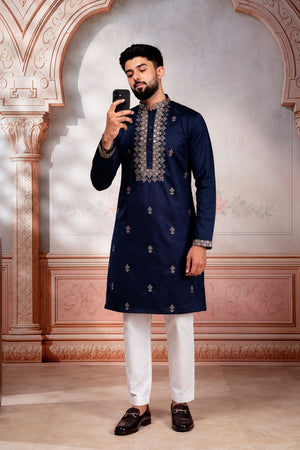 Mens Blue Embroidered Cotton Kurta Set (ACA9275)