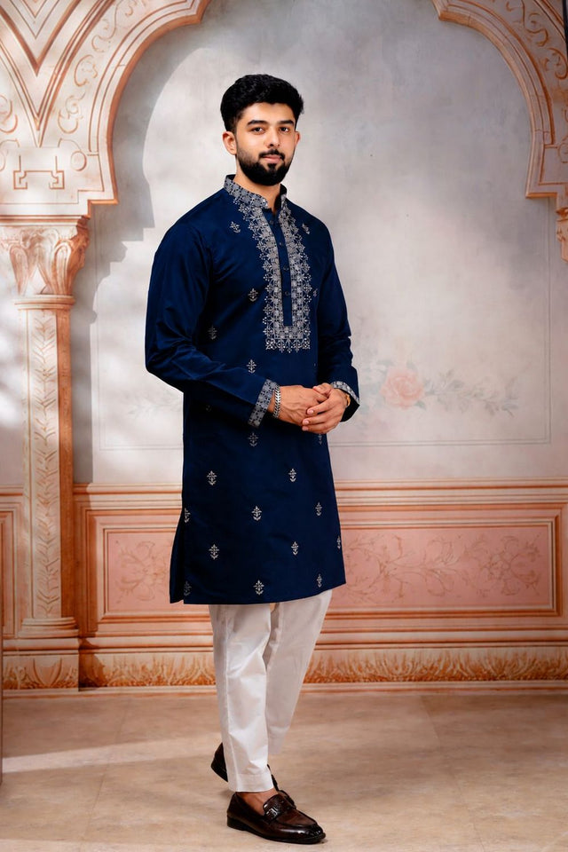 Mens Blue Embroidered Cotton Kurta Set (ACA9275)