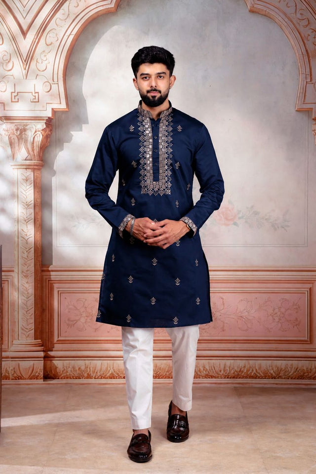 Mens Blue Embroidered Cotton Kurta Set (ACA9275)