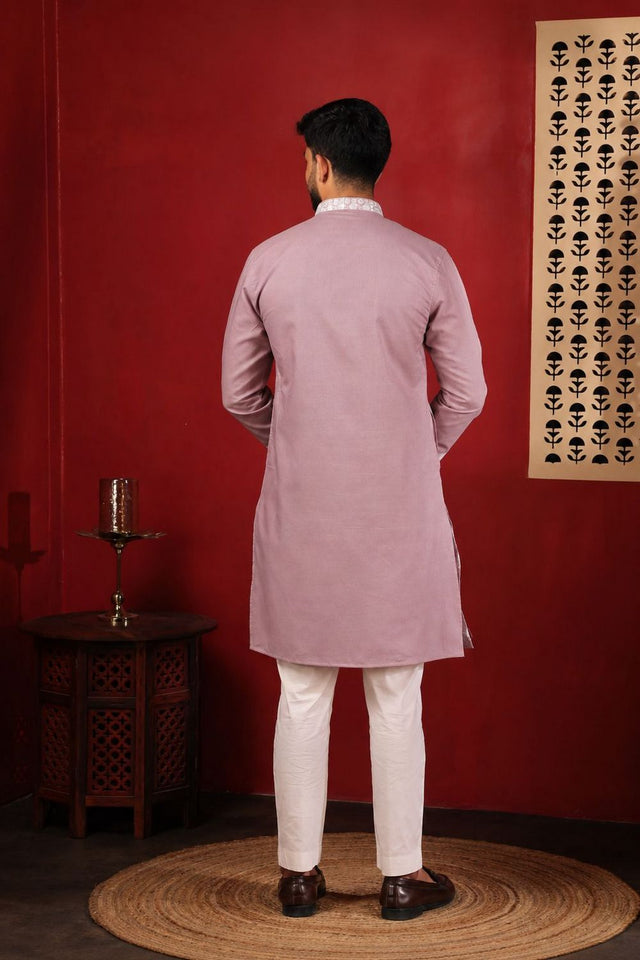 Mens Pink Embroidered Cotton Kurta Set (ACA9276)