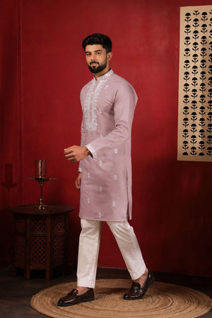 Mens Pink Embroidered Cotton Kurta Set (ACA9276)