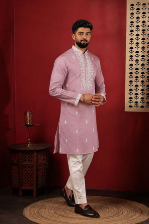 Mens Pink Embroidered Cotton Kurta Set (ACA9276)