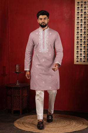 Mens Pink Embroidered Cotton Kurta Set (ACA9276)