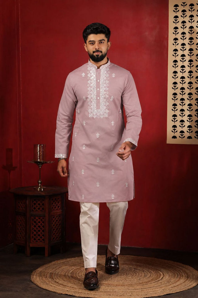 Mens Pink Embroidered Cotton Kurta Set (ACA9276)