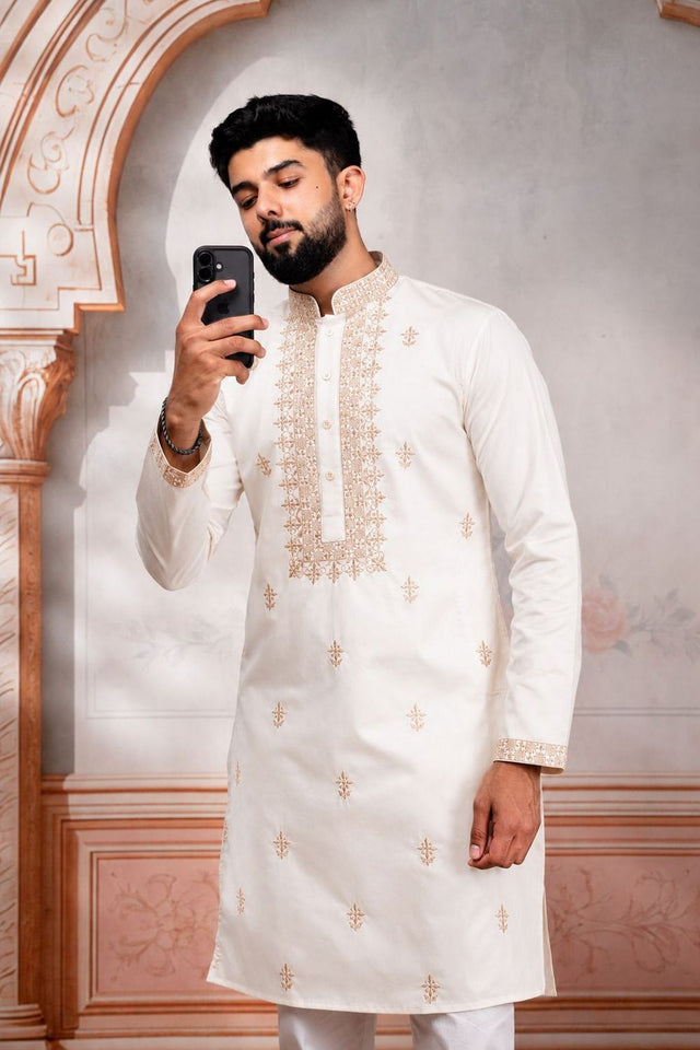 Mens White Embroidered Cotton Kurta Set (ACA9277)