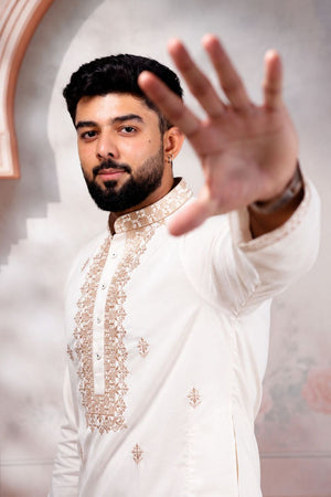 Mens White Embroidered Cotton Kurta Set (ACA9277)