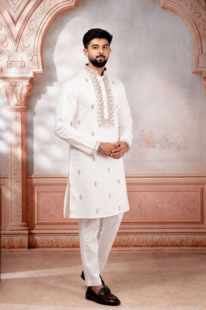 Mens White Embroidered Cotton Kurta Set (ACA9277)