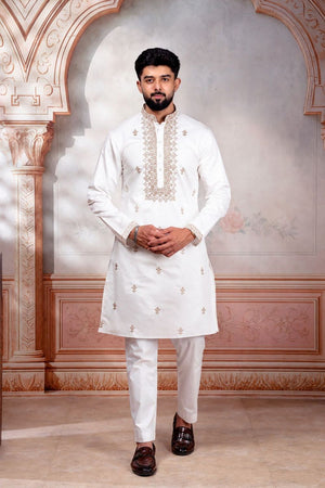 Mens White Embroidered Cotton Kurta Set (ACA9277)