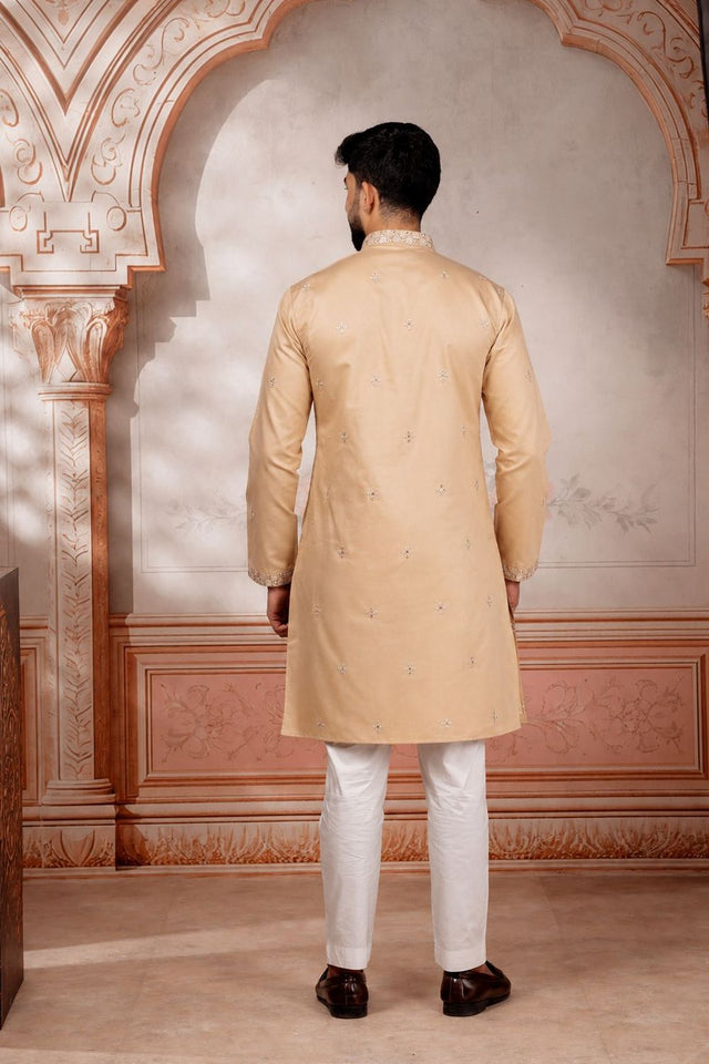 Mens Brown Embroidered Cotton Kurta Set (ACA9278)