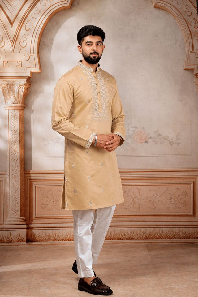 Mens Brown Embroidered Cotton Kurta Set (ACA9278)