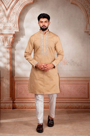 Mens Brown Embroidered Cotton Kurta Set (ACA9278)