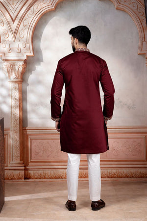 Mens Maroon Embroidered Cotton Kurta Set (ACA9279)