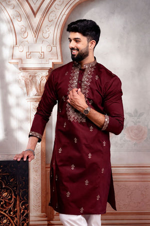 Mens Maroon Embroidered Cotton Kurta Set (ACA9279)