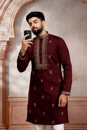 Mens Maroon Embroidered Cotton Kurta Set (ACA9279)
