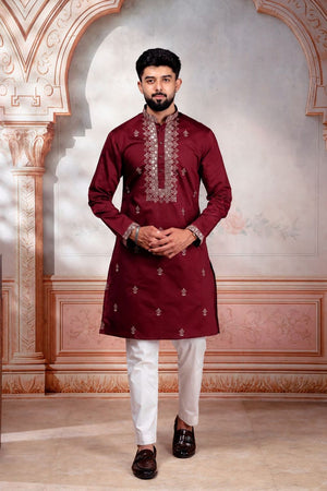 Mens Maroon Embroidered Cotton Kurta Set (ACA9279)