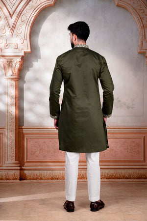 Mens Mehendi Embroidered Cotton Kurta Set (ACA9280)