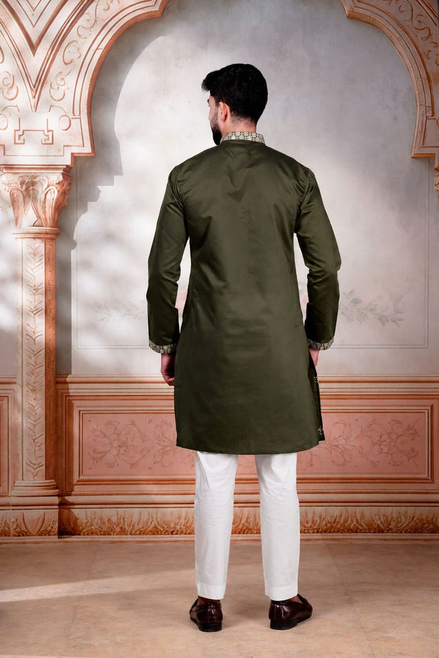 Mens Mehendi Embroidered Cotton Kurta Set (ACA9280)