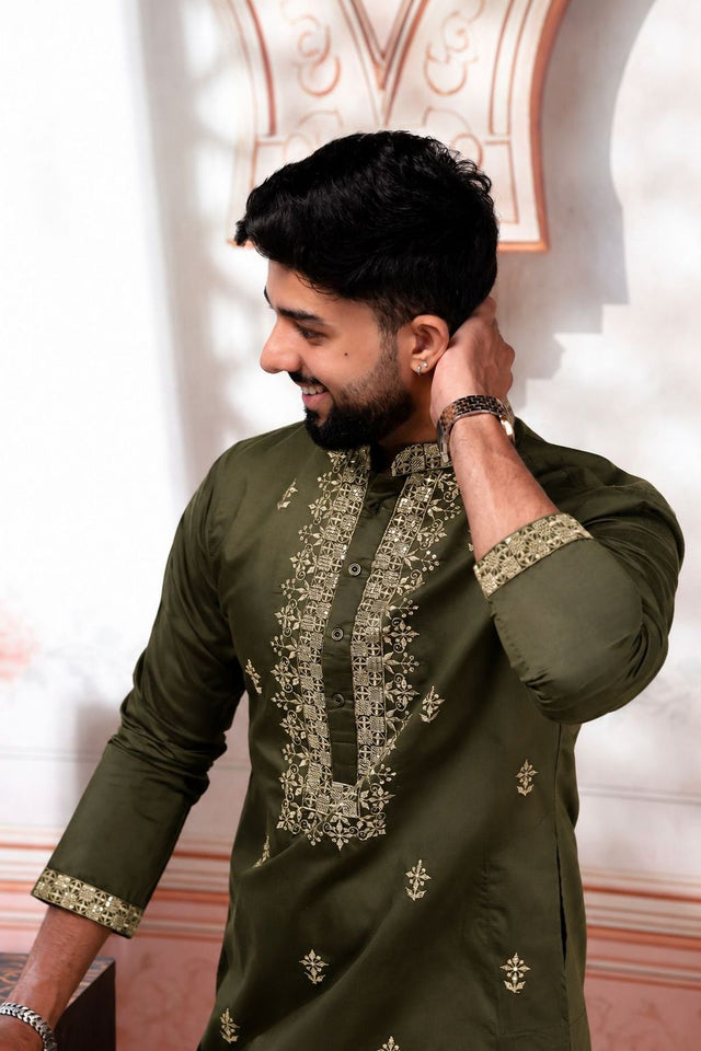 Mens Mehendi Embroidered Cotton Kurta Set (ACA9280)