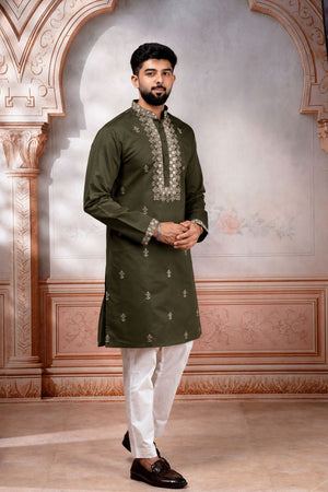 Mens Mehendi Embroidered Cotton Kurta Set (ACA9280)