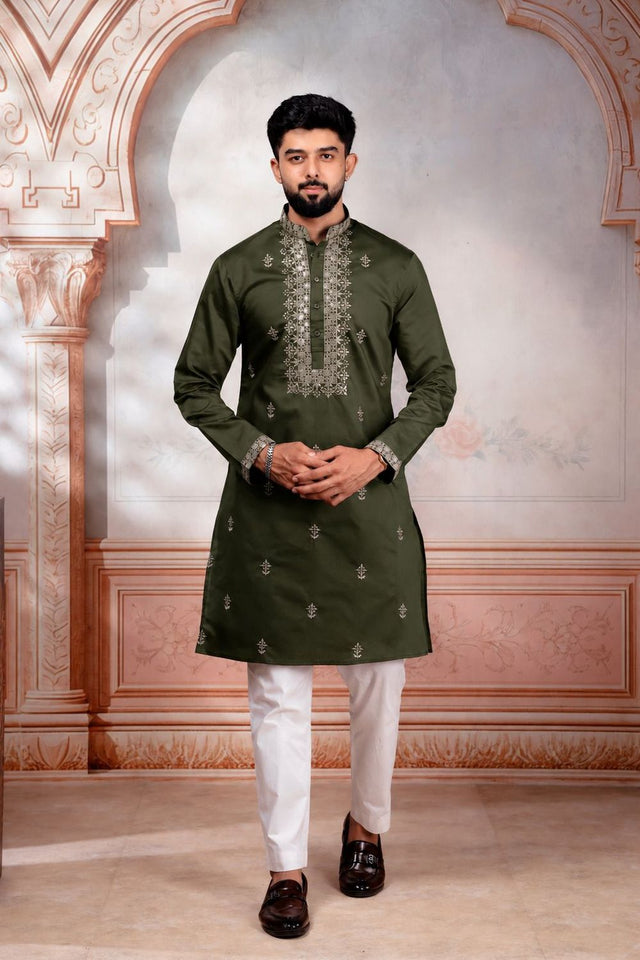 Mens Mehendi Embroidered Cotton Kurta Set (ACA9280)