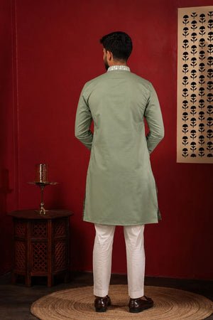 Mens Green Embroidered Cotton Kurta Set (ACA9281)