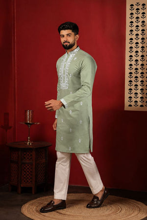 Mens Green Embroidered Cotton Kurta Set (ACA9281)