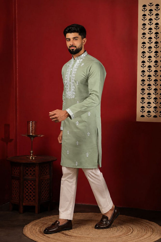 Mens Green Embroidered Cotton Kurta Set (ACA9281)