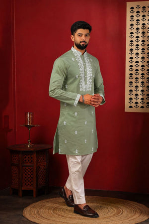 Mens Green Embroidered Cotton Kurta Set (ACA9281)