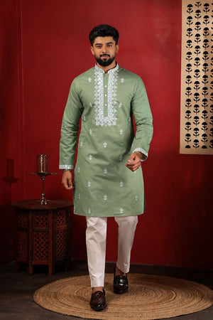 Mens Green Embroidered Cotton Kurta Set (ACA9281)