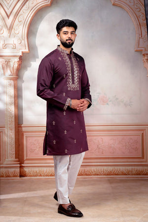 Mens Wine Embroidered Cotton Kurta Set (ACA9282)