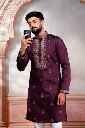 Mens Wine Embroidered Cotton Kurta Set (ACA9282)