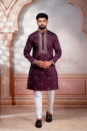 Mens Wine Embroidered Cotton Kurta Set (ACA9282)