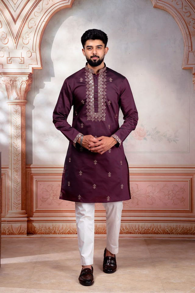 Mens Wine Embroidered Cotton Kurta Set (ACA9282)