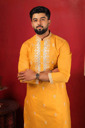 Mens Yellow Embroidered Cotton Kurta Set (ACA9283)