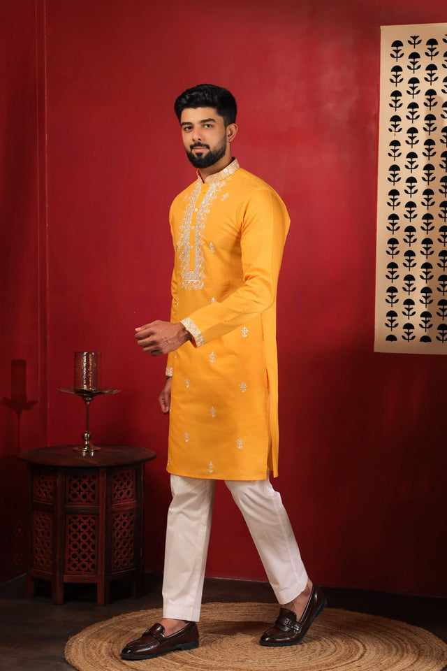 Mens Yellow Embroidered Cotton Kurta Set (ACA9283)
