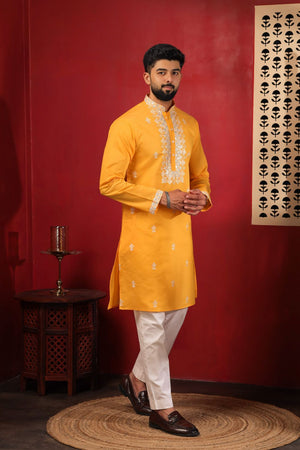Mens Yellow Embroidered Cotton Kurta Set (ACA9283)